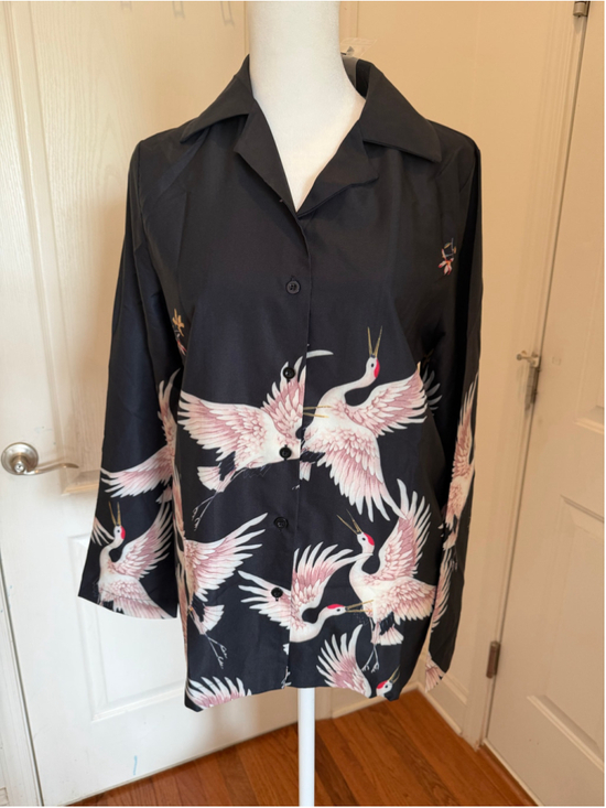 Tops - NWT Lai Meng Five Cats Crane Print Black Blouse Size S